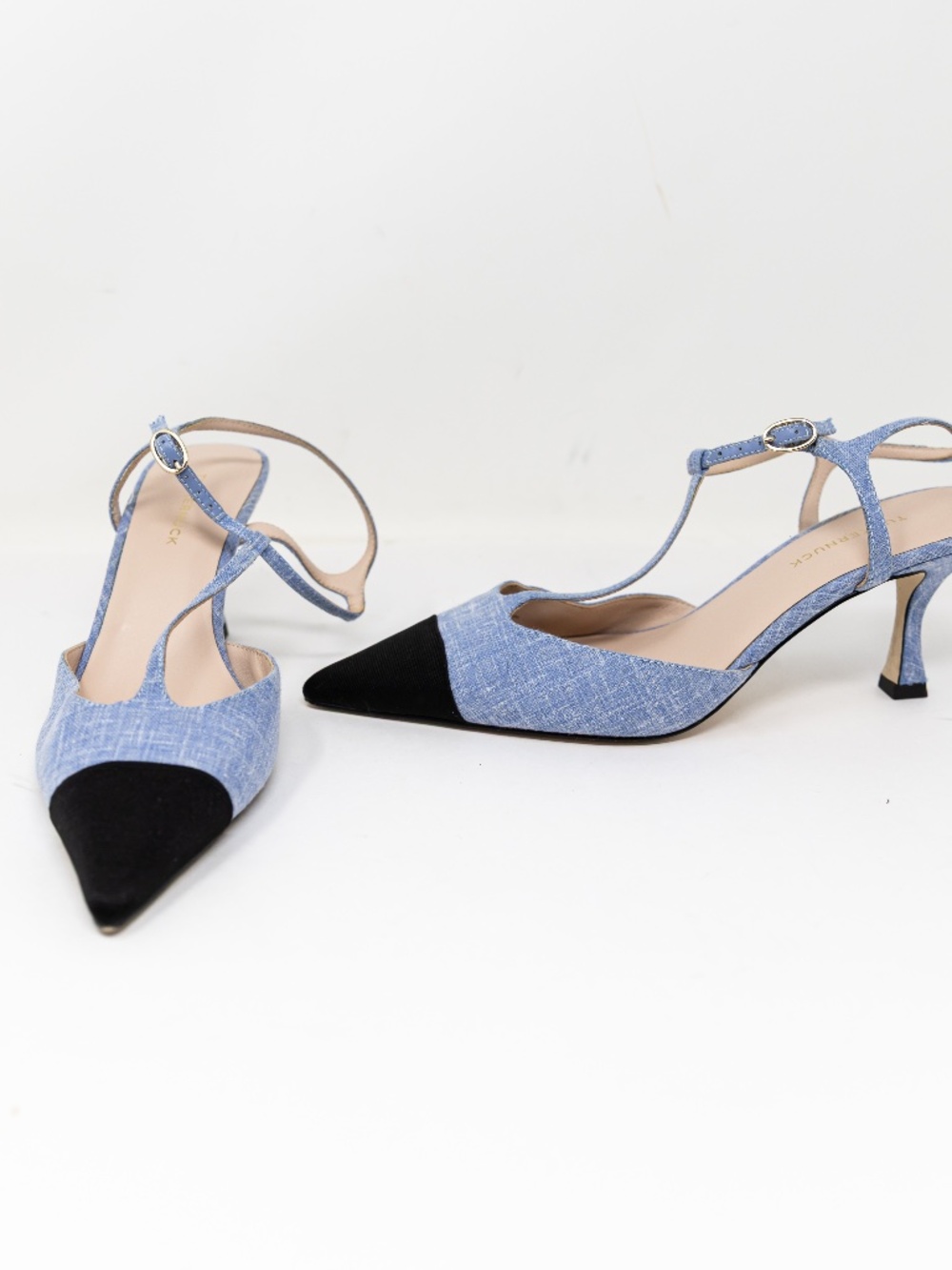 Tuckernuck Margot Grosgrain Cap Pointed Toe T Strap Heels Shoes Blue Denim 9